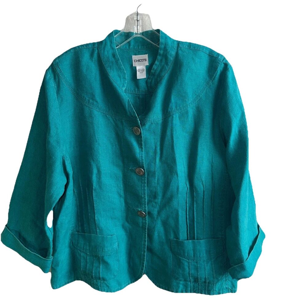 Chicos Large 2 Womens Linen 3/4 Sleeve Blouse Boxy Button Coastal Grandma Casual